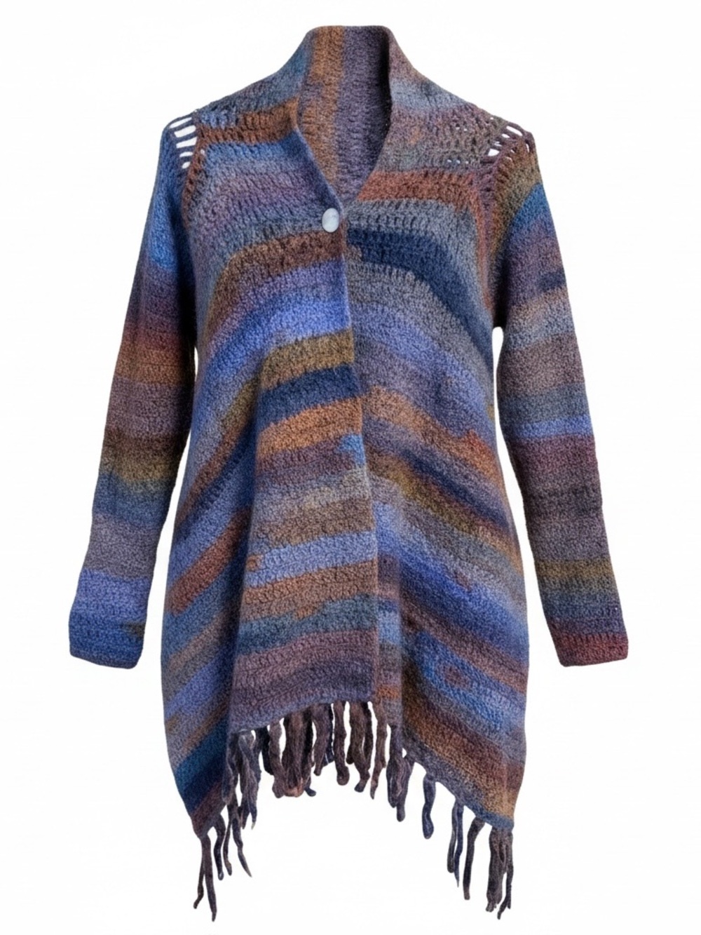 Striped Blue & Brown Fringe Knit Poncho Cardigan